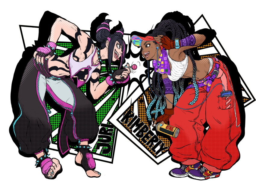 2girls baggy_pants bent_over black_hair bracelet candy chaps character_name collar colored_tips crop_top dark-skinned_female dark_skin dreadlocks earphones eye_contact fingerless_gloves food gloves hair_horns han_juri hand_on_own_hip highres jewelry kimberly_jackson leaning_forward lollipop looking_at_another multicolored_hair multiple_girls nom1207 official_alternate_costume official_alternate_hairstyle open_mouth pants purple_scarf scarf shoes smile sneakers spiked_anklet spiked_bracelet spiked_collar spikes streaked_hair street_fighter street_fighter_6 toeless_footwear tongue tongue_out visor_cap