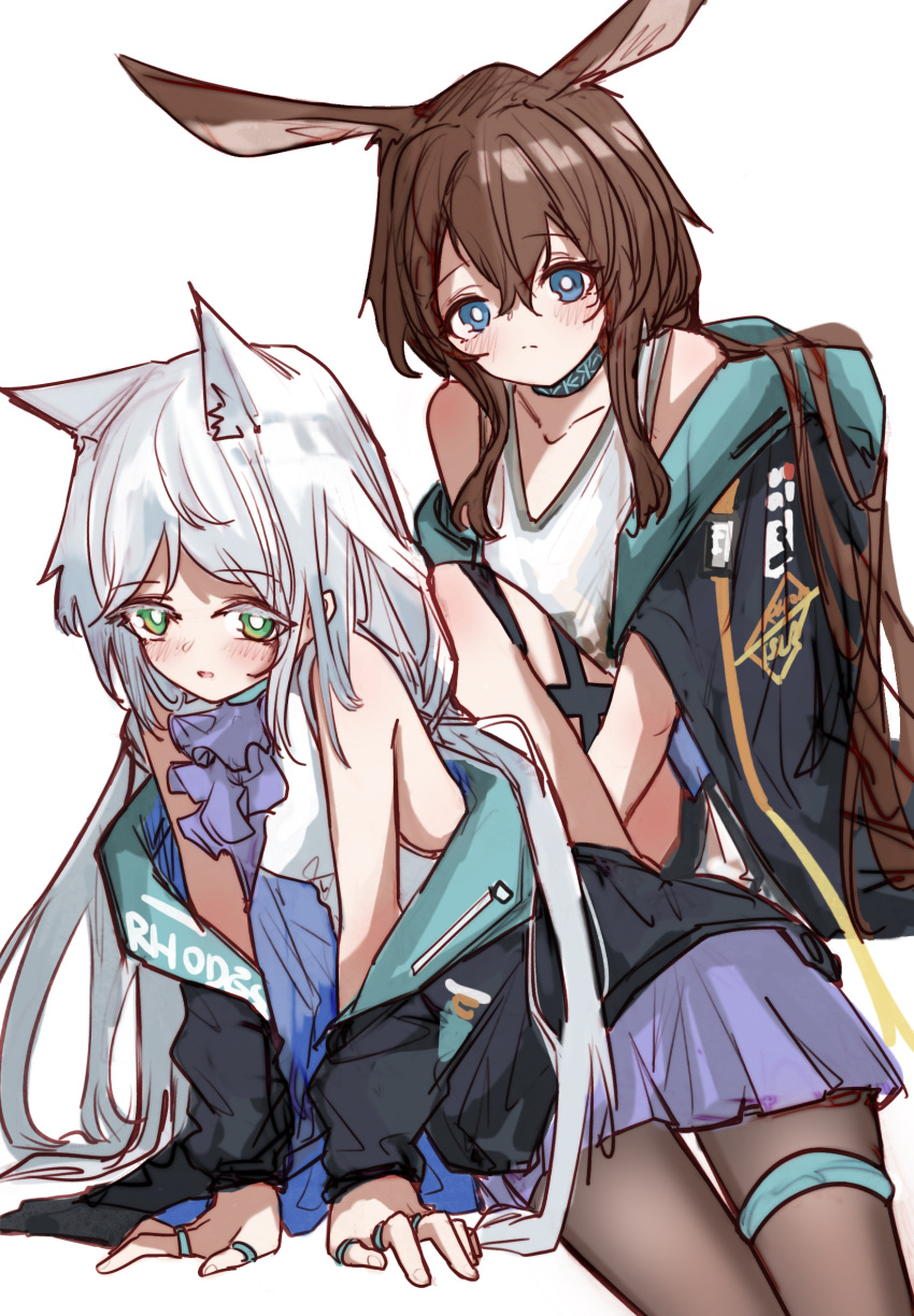 2girls amiya_(arknights) animal_ears arknights ascot black_collar black_jacket black_pantyhose blue_ascot blue_eyes blue_skirt blush bright_pupils brown_hair cat_ears cat_girl collar cosplay costume_switch dress extra_ears green_eyes hair_between_eyes highres infection_monitor_(arknights) jacket long_hair looking_at_viewer multiple_girls open_clothes open_jacket pantyhose pleated_skirt rabbit_ears rabbit_girl rosmontis_(arknights) skirt whate=3r white_dress white_hair white_pupils