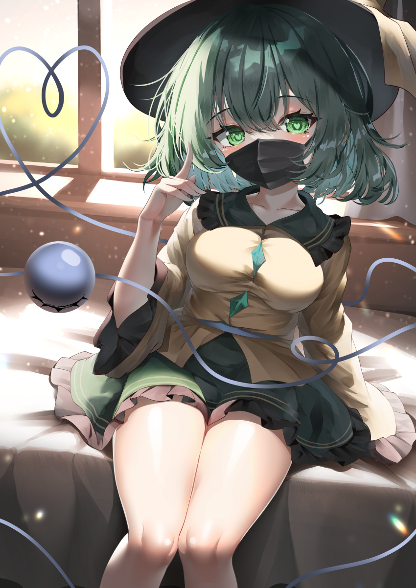 1girl absurdres black_headwear breasts commentary dfra frilled_skirt frills green_eyes green_hair green_skirt hat hat_ribbon heart heart-shaped_pupils heart_of_string highres komeiji_koishi large_breasts long_sleeves looking_at_viewer mask outdoors ribbon shirt short_hair sitting skirt solo symbol-shaped_pupils thighs third_eye touhou yellow_ribbon yellow_shirt