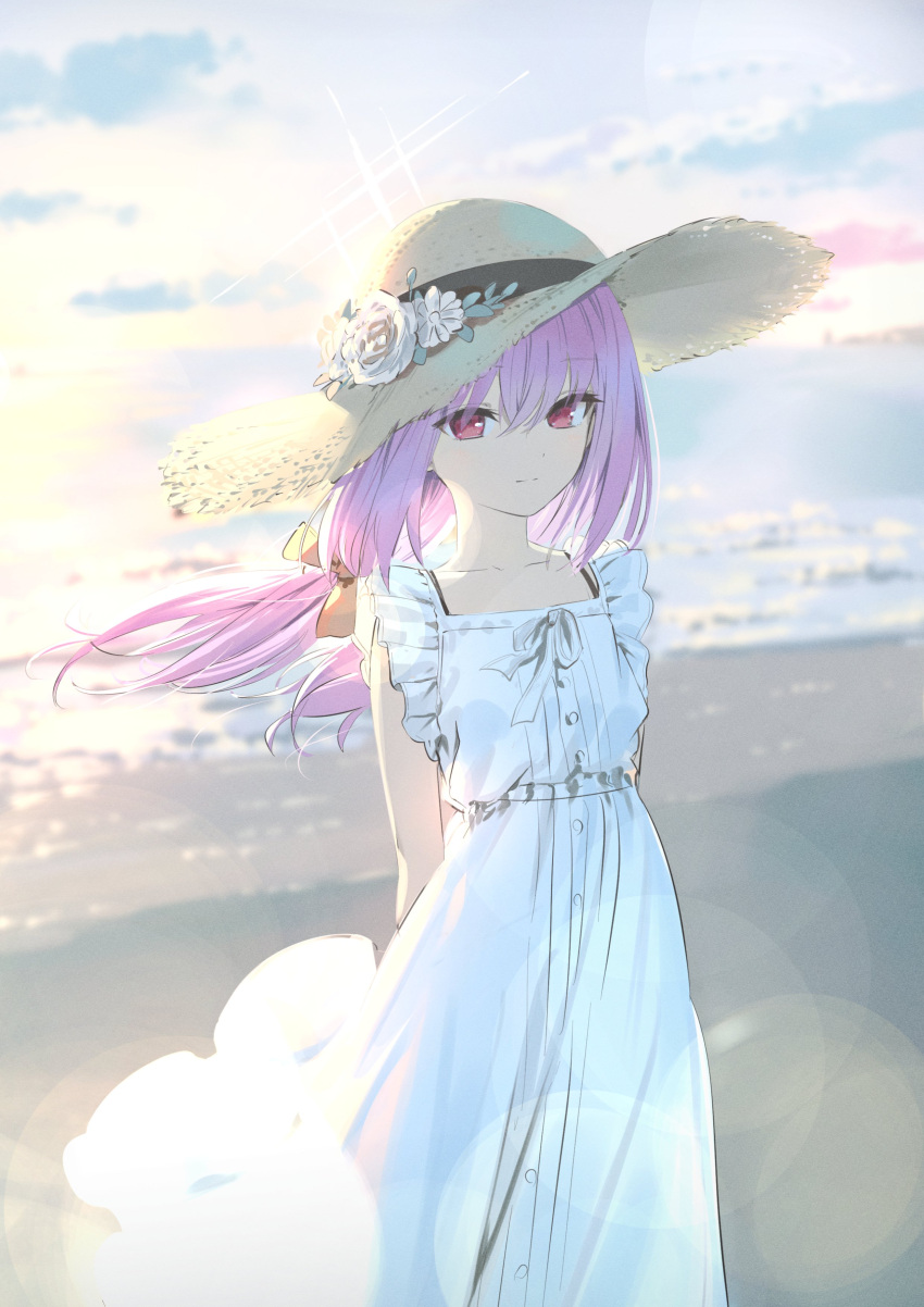 1girl absurdres alternate_costume arms_behind_back atsuko_(blue_archive) backlighting beach blue_archive closed_mouth commentary dress evening flower frilled_dress frills hair_ribbon halo hat hat_flower highres light_smile looking_at_viewer low_twintails medium_hair ocean outdoors purple_hair red_eyes ribbon sand sleeveless sleeveless_dress solo standing straw_hat sun_hat sundress sunset twintails wasabi60 water white_dress yellow_ribbon