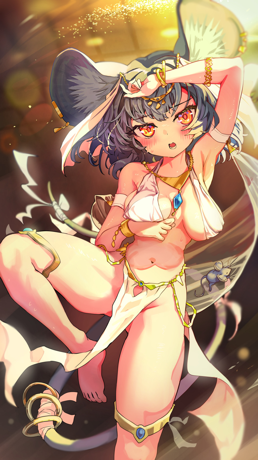 1girl absurdres animal animal_ear_fluff animal_ears arm_on_head arm_up armlet armpits ass_visible_through_thighs blurry blurry_background blush breasts breasts_apart covered_nipples dancer dancing eyelashes gem groin harem_outfit head_tilt highres jewelry leaning_to_the_side leg_lift loincloth long_hair looking_at_viewer melaton mouse mouse_ears mouse_girl mouse_tail navel nazrin no_panties open_mouth orange_eyes revealing_clothes solo_focus spread_legs stomach tail thighlet touhou