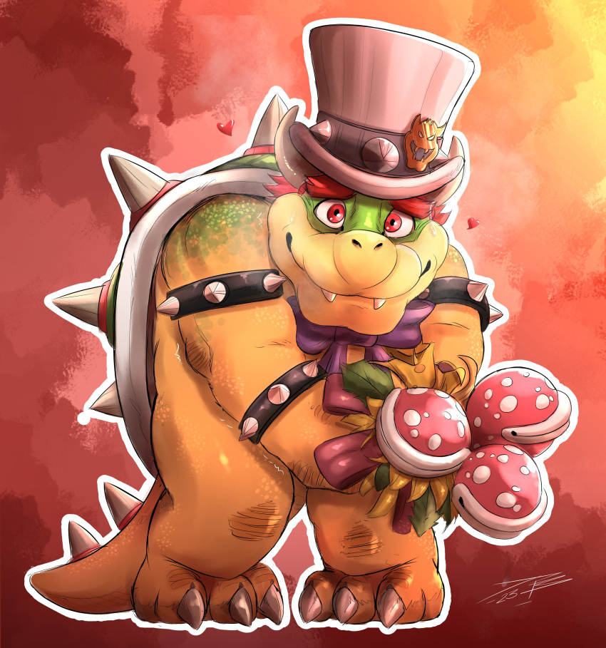 2023 absurd_res anthro biped bodily_fluids bow_tie bowser bracelet claws clothing crazydrak digital_media_(artwork) elemental_creature flora_fauna hair hat headgear headwear hi_res illumination_entertainment jewelry koopa looking_at_viewer mario_bros nervous nintendo piranha_plant plant reaction_image red_background red_eyes red_hair scalie simple_background smile solo spiked_bracelet spikes sweat the_super_mario_bros_movie toe_claws top_hat yellow_body