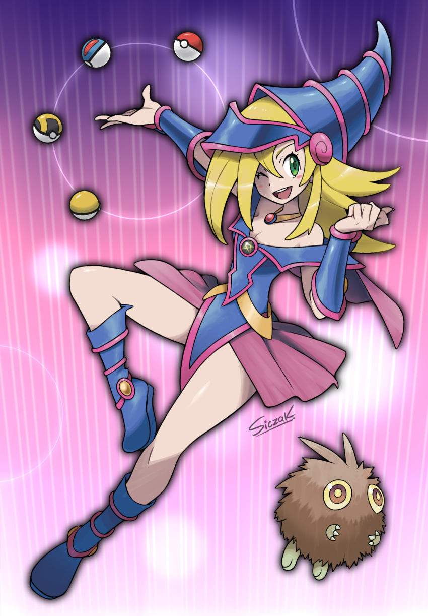 1girl artist_name bare_shoulders blonde_hair blue_footwear blue_headwear blush_stickers breasts capelet cleavage dark_magician_girl duel_monster full_body great_ball green_eyes gs_ball hair_between_eyes hat highres kuriboh long_hair looking_at_viewer one_eye_closed open_mouth outstretched_arm parody pentagram pink_skirt poke_ball poke_ball_(basic) pokemon pokemon_(game) pokemon_xy siczak skirt smile striped striped_background style_parody sugimori_ken_(style) ultra_ball wizard_hat yu-gi-oh! yu-gi-oh!_duel_monsters