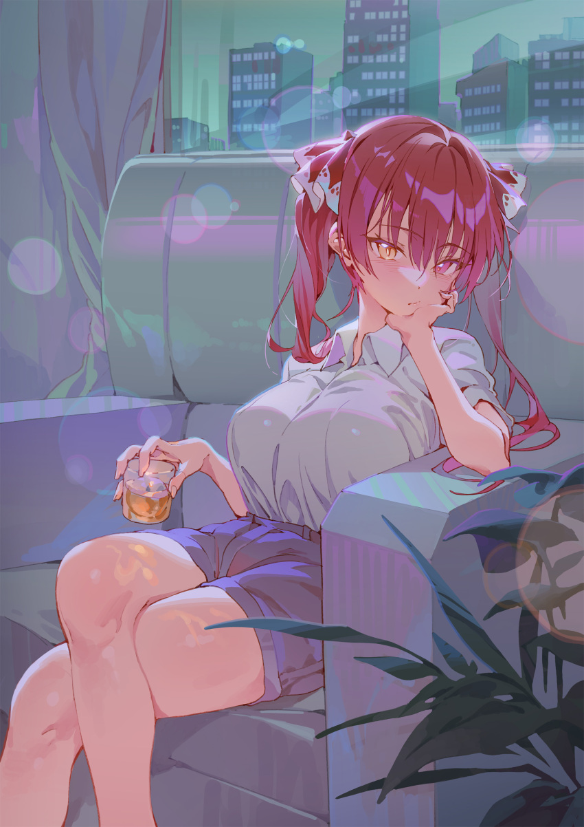 1girl absurdres alcohol breasts city cityscape closed_mouth collared_shirt couch crossed_legs cup feet_out_of_frame fingernails head_on_hand heterochromia highres holding holding_cup hololive houshou_marine hxxg ice ice_cube indoors large_breasts legs lens_flare light_blush long_hair looking_at_viewer night plant red_eyes red_hair shirt shirt_tucked_in shorts sitting solo swept_bangs thighs twintails virtual_youtuber white_shirt yellow_eyes