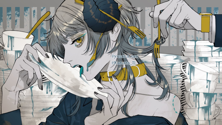 1girl bite_mark black_horns black_shirt choker cup dishes eyeshadow fork grey_hair highres horns kamato_il licking licking_plate looking_at_viewer makeup open_mouth original plate portrait profile shadow shirt spoon spot_color watch wristwatch x_x yellow_eyes