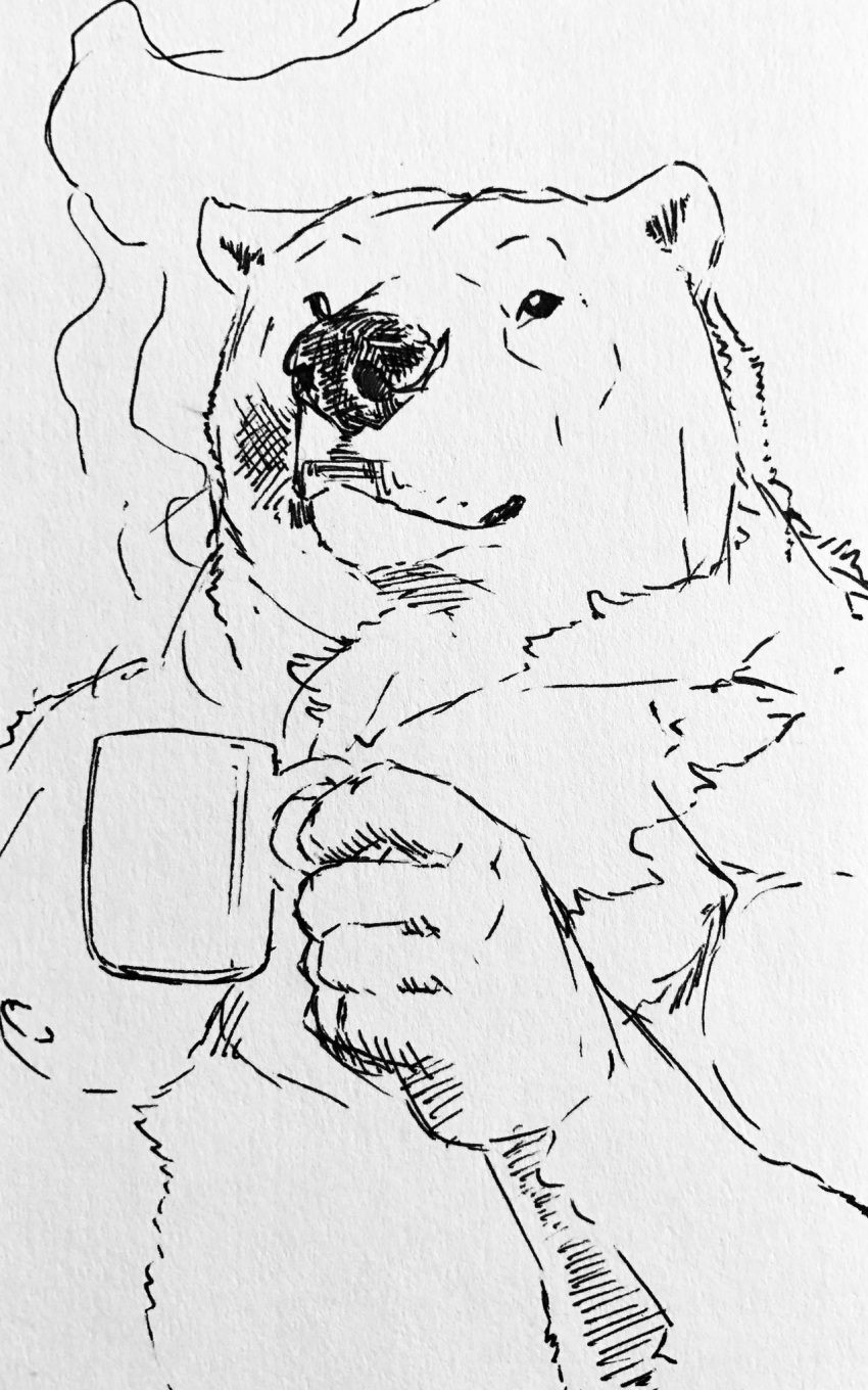 anthro barechested bear container cross-hatching cup fur hatching_(art) hi_res holding_object looking_at_viewer lupesilverwind male mammal nude pecs shaded small_eyes solo steam