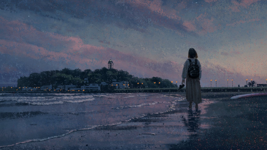 1girl backpack bag beach bridge cloud cloudy_sky dusk enoshima facing_away gradient_sky holding holding_shoes island kai_sei lantern lighthouse medium_hair ocean original outdoors pier pleated_skirt scenery shoes shore skirt sky solo sweater town tree twilight waves