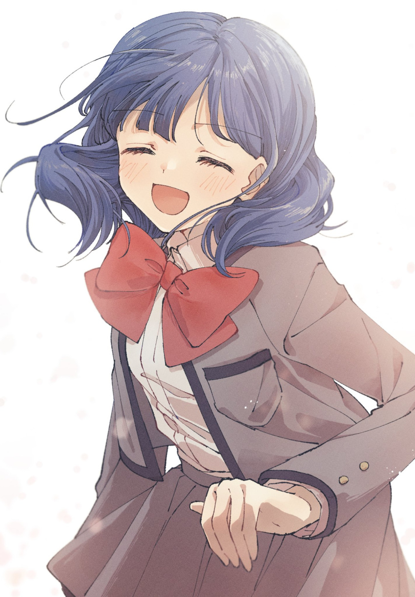 1girl :d arm_at_side blue_hair blush bow bowtie breast_pocket closed_eyes cowboy_shot falling_petals floating_hair grey_jacket grey_skirt hanayagi_kaoruko hand_up highres jacket leaning_forward light_particles long_hair long_sleeves nori_(cheiwbciwkxbdjr) open_clothes open_jacket open_mouth petals pleated_skirt pocket red_bow red_bowtie school_uniform seishou_music_academy_uniform shirt_tucked_in shoujo_kageki_revue_starlight simple_background skirt smile solo standing white_background