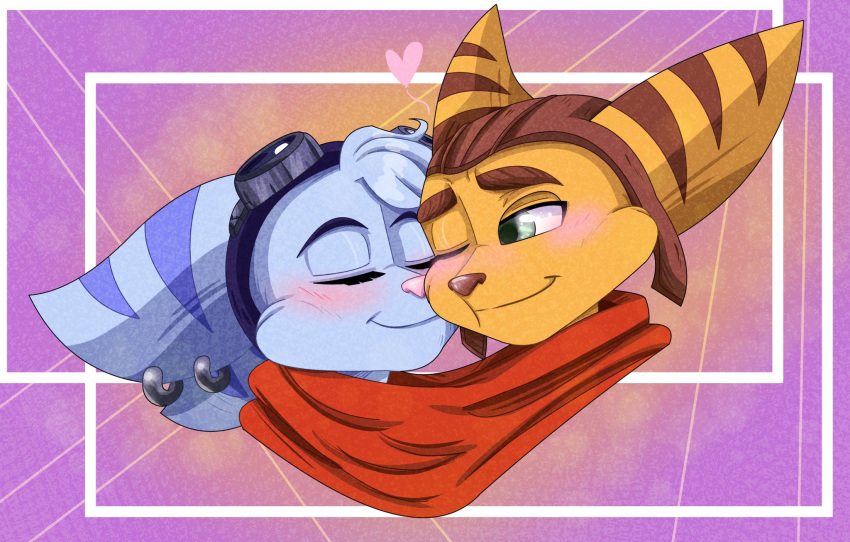 &lt;3 blush chaosyrups duo ear_piercing eyes_closed eyewear eyewear_on_head female fur goggles goggles_on_head green_eyes headshot_portrait hi_res lombax love male mammal nuzzling piercing portrait ratchet ratchet_and_clank rivet_(ratchet_and_clank) romantic romantic_ambiance romantic_couple scarf smile smiling_at_another sony_corporation sony_interactive_entertainment white_body white_fur yellow_body yellow_fur