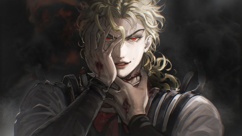 1boy absurdres blonde_hair blood blood_on_clothes blood_on_face blood_on_hands dark_background dio_brando hair_between_eyes hand_on_own_face hands_up highres jojo_no_kimyou_na_bouken light_smile long_hair male_focus parted_lips portrait red_eyes takashi_(huzakenna) teeth upper_body