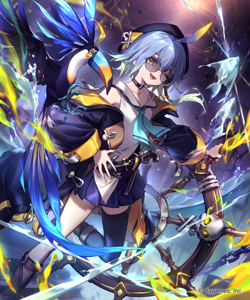 1girl ahoge barbaros_(shadowverse) bare_shoulders bird black-framed_eyewear black_collar black_headwear blue_hair blue_skirt breasts chain collar dungeon fire fish flying foliage glasses gun hair_ornament hat highres jacket lee_hyeseung looking_at_viewer multicolored_hair official_art one_eye_closed open_clothes open_jacket open_mouth pirate pleated_skirt round_eyewear sailor_collar sailor_shirt shadowverse shirt short_hair skirt skull_hair_ornament smile solo steering_wheel thighhighs water weapon wide_sleeves wood yellow_eyes