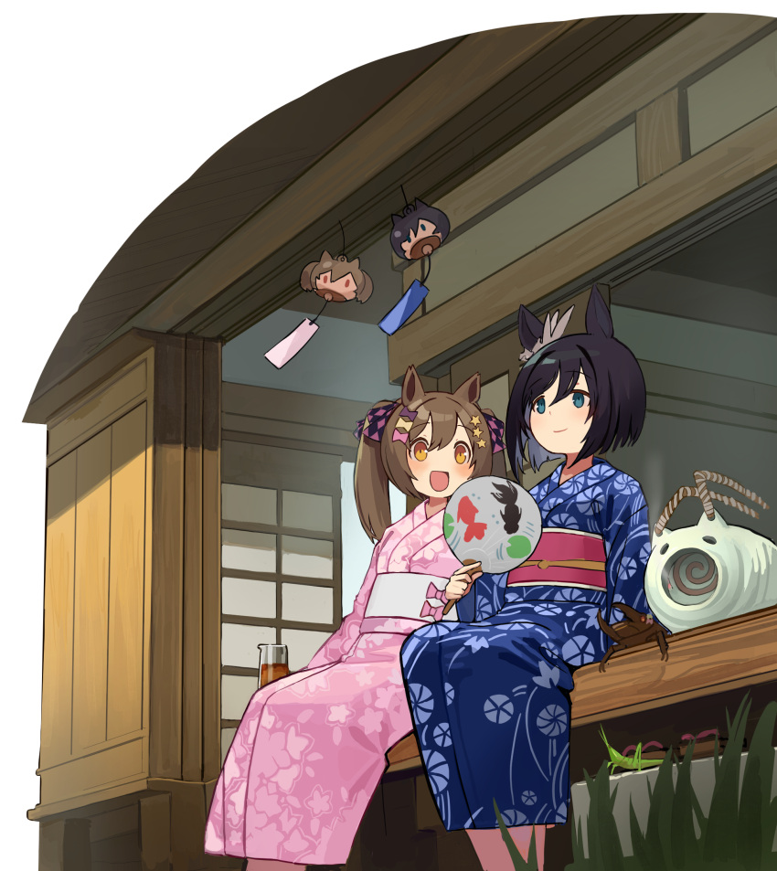 2girls alternate_costume animal_ears beetle black_hair blue_kimono blush brown_hair bug closed_mouth ear_ornament eishin_flash_(umamusume) floral_print folding_fan hair_between_eyes hair_ornament hand_fan highres holding holding_fan horse_ears horse_girl japanese_clothes kimono kogomiza medium_hair multiple_girls open_mouth paper_fan pink_kimono pitcher_(container) sitting smart_falcon_(umamusume) smile twintails uchiwa umamusume wind_chime wooden_deck yukata