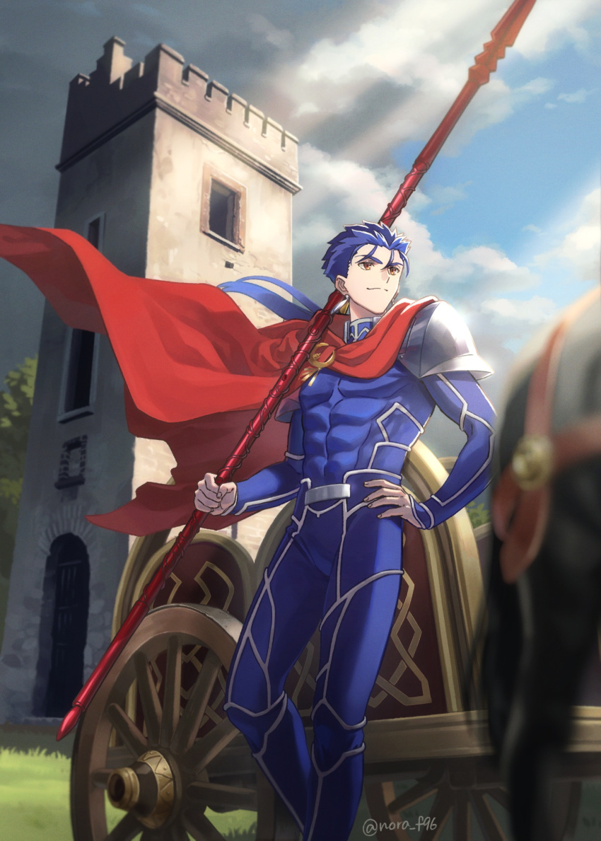 1boy abs armor blue_bodysuit blue_hair bodysuit cape chariot closed_mouth cu_chulainn_(fate) cu_chulainn_(fate/stay_night) earrings fate/stay_night fate_(series) floating_hair gae_bolg_(fate) grin hand_on_own_hip highres holding holding_polearm holding_weapon horse jewelry long_hair male_focus muscular muscular_male nora_(nora_f96) outdoors pauldrons pectorals polearm ponytail red_cape red_eyes shoulder_armor skin_tight smile solo spiked_hair standing weapon