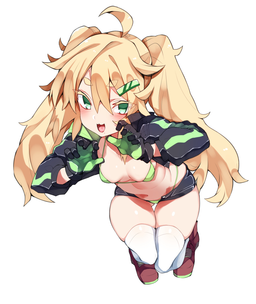 1girl absurdres ahoge bad_id bad_pixiv_id bikini blonde_hair blush boots breasts claw_pose full_body gloves green_bikini green_eyes hair_ornament hairclip highres kz_oji long_hair micro_bikini micro_shorts open_mouth original short_eyebrows shorts shrug_(clothing) simple_background skindentation small_breasts smile solo swimsuit thighhighs thighs twintails white_background white_thighhighs