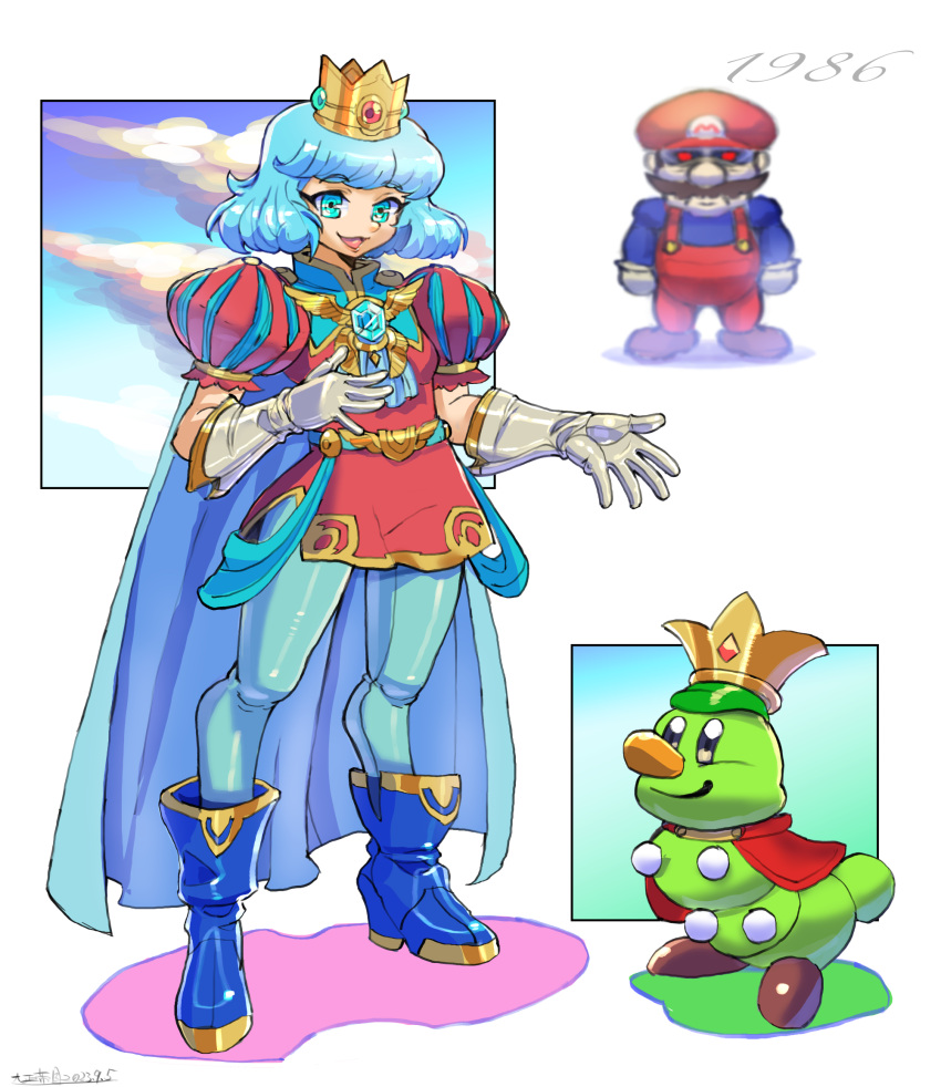 3boys androgynous angry aqua_eyes aqua_hair belt blue_cape blue_footwear blue_leggings blue_shirt bob_cut boots cape caterpillar crown eyelashes frilled_sleeves frills gloves hat highres jewelry leggings legs looking_at_viewer male_focus mario mario_(series) multiple_boys oomasa_teikoku overalls prince prince_florian prince_haru red_tunic shirt short_hair simple_background smile super_mario_bros.:_peach-hime_kyushutsu_dai_sakusen! super_mario_bros._wonder white_gloves