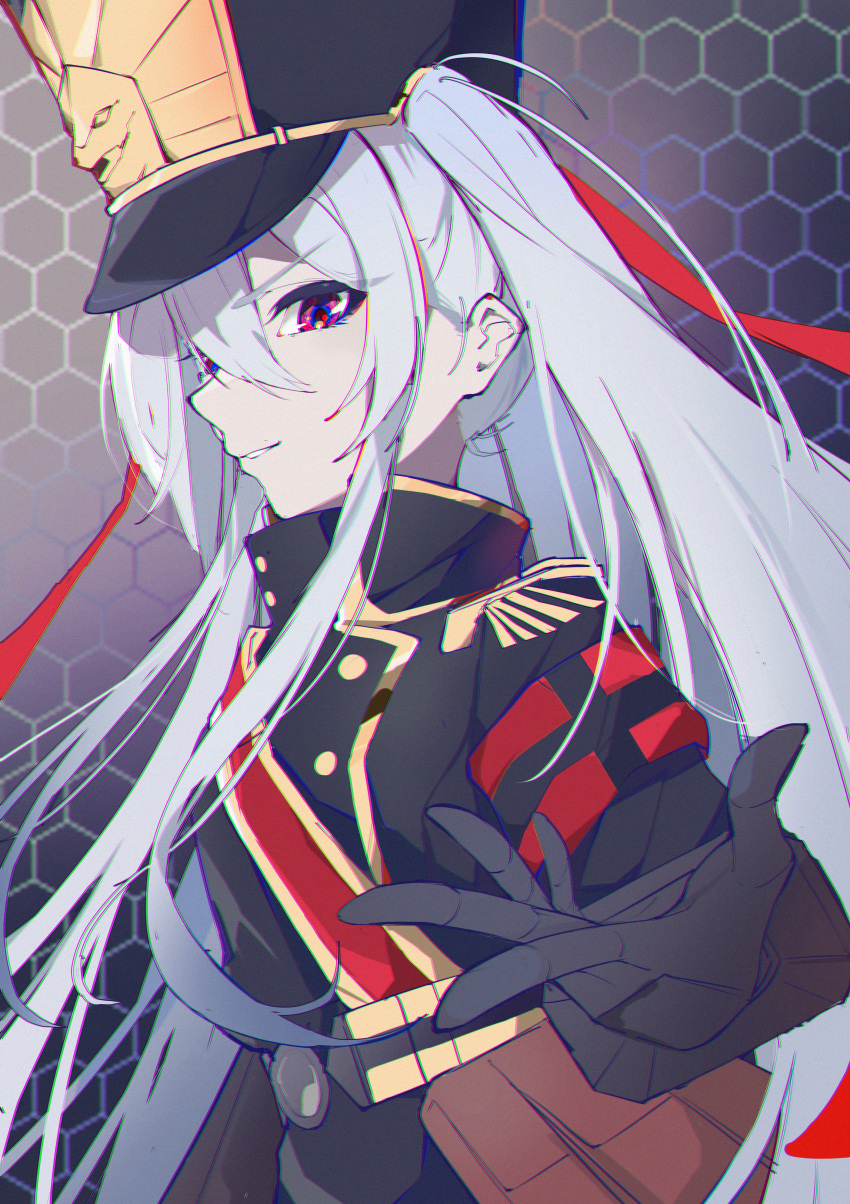 1girl absurdres altair_(re:creators) armband belt black_gloves black_headwear black_jacket blue_eyes buttons commission epaulettes gauntlets gloves grey_hair hair_between_eyes hair_ribbon hat hiciki high_collar highres jacket long_hair metal_gloves military military_hat military_uniform multicolored_eyes pixiv_commission re:creators reaching reaching_towards_viewer red_eyes red_ribbon ribbon sash shoulder_sash sidelocks smile solo two_side_up uniform very_long_hair yellow_belt