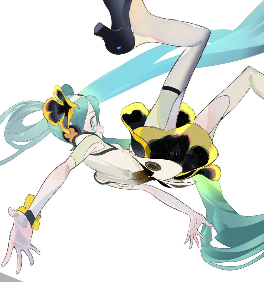 1girl aqua_eyes aqua_hair black_footwear closed_mouth hatsune_miku headphones highres horikwawataru long_hair looking_at_viewer midair pantyhose profile simple_background skirt smile solo thigh_strap vocaloid weekender_girl_(vocaloid) white_background