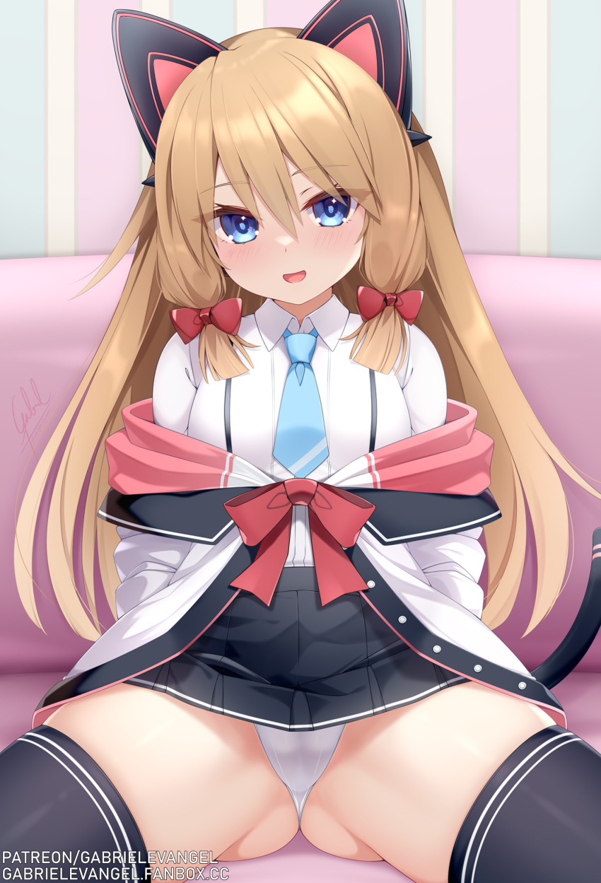 1girl animal_ears black_thighhighs blue_archive blue_eyes blush breasts brown_hair cameltoe cat_ears cat_girl cat_tail cosplay fake_animal_ears fake_tail fanbox_username gabriel_evangel hair_between_eyes highres light_brown_hair long_hair looking_at_viewer momoi_(blue_archive) momoi_(blue_archive)_(cosplay) necktie neptune_(series) paid_reward_available panties patreon_username pleated_skirt ram_(neptunia) sidelocks skindentation skirt small_breasts smile solo tail teeth thighhighs underwear very_long_hair white_panties