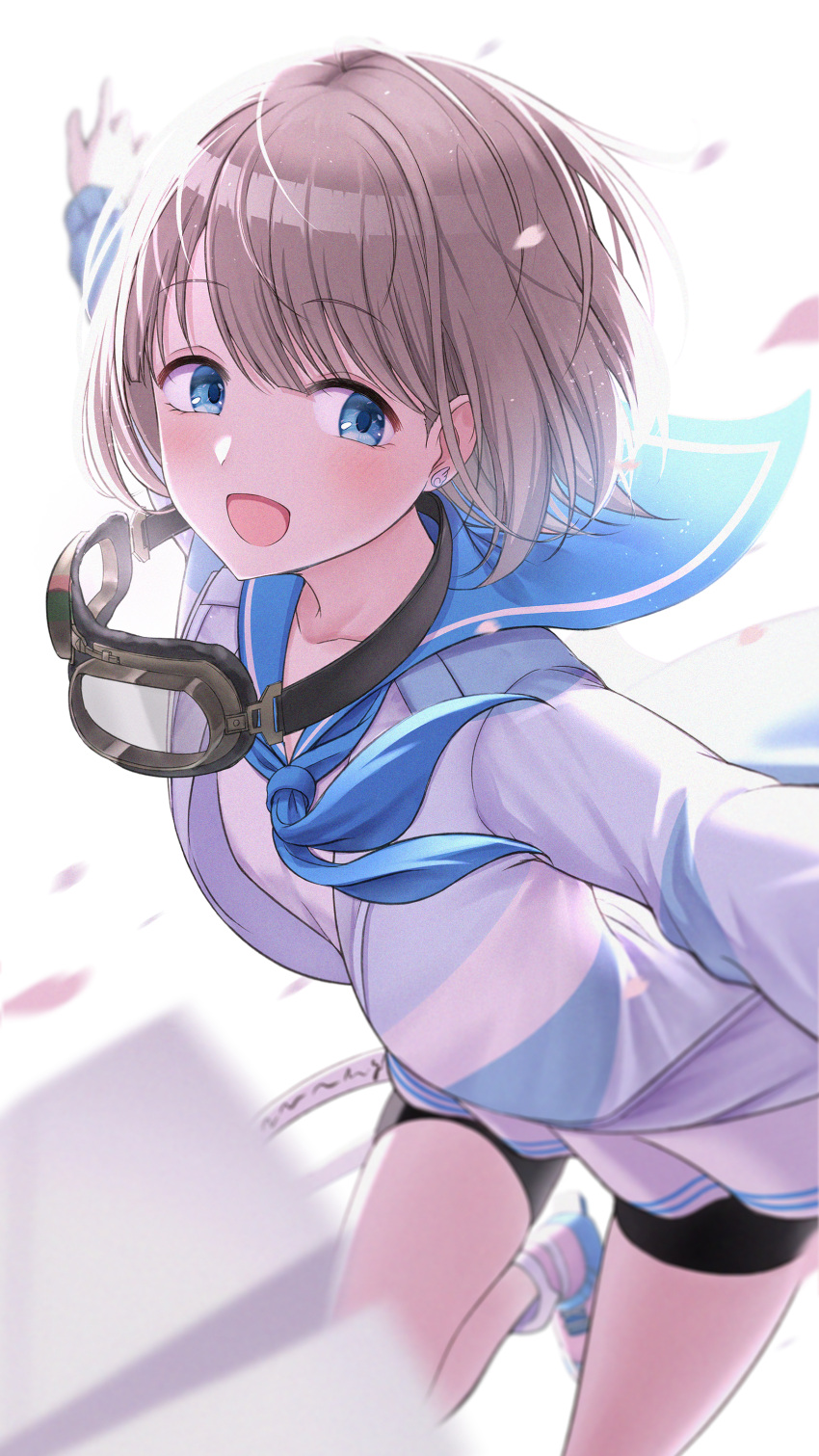 1girl absurdres backlighting bike_shorts blue_eyes blue_neckerchief blue_sailor_collar blurry blurry_foreground blush breasts collarbone depth_of_field falling_petals goggles goggles_around_neck grey_hair highres idolmaster idolmaster_shiny_colors jacket leg_up long_sleeves looking_at_viewer neckerchief open_clothes open_jacket open_mouth osoba_susurukun outstretched_arms paper_airplane petals sailor_collar serizawa_asahi shirt shoes short_hair small_breasts smile sneakers solo standing standing_on_one_leg white_jacket white_shirt