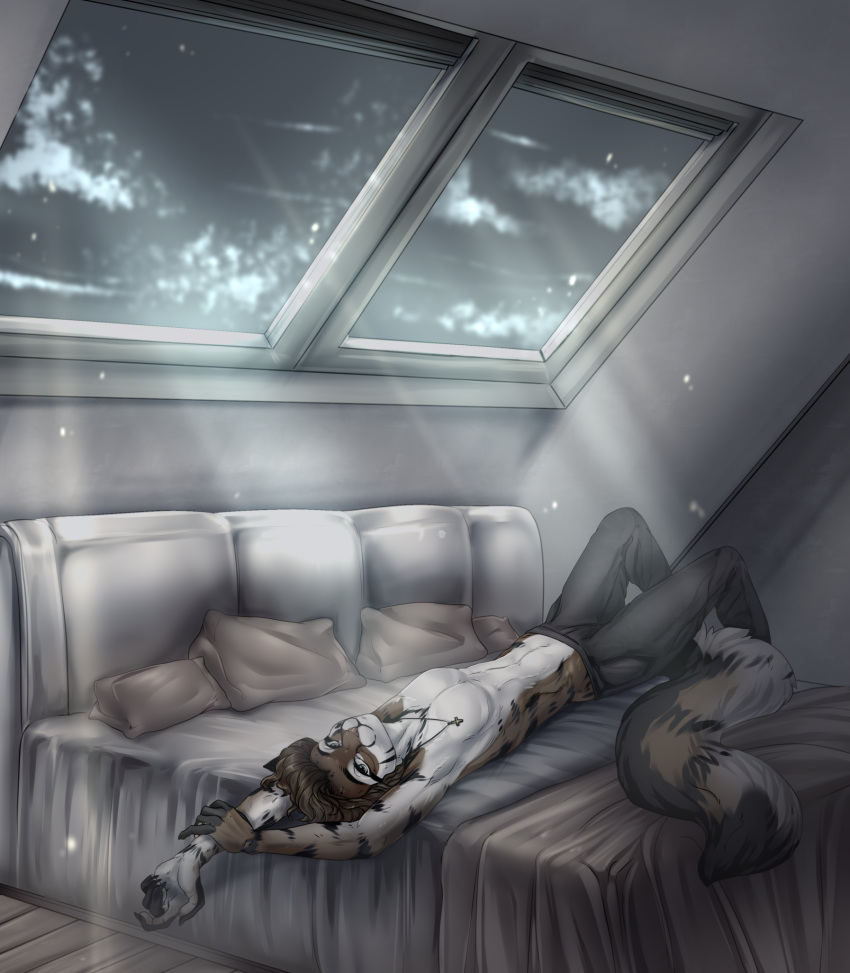 2023 anthro bed clothed clothing digital_media_(artwork) felid feline furniture hi_res kristiana_puff looking_at_viewer lying male mammal on_back on_bed shirtless solo