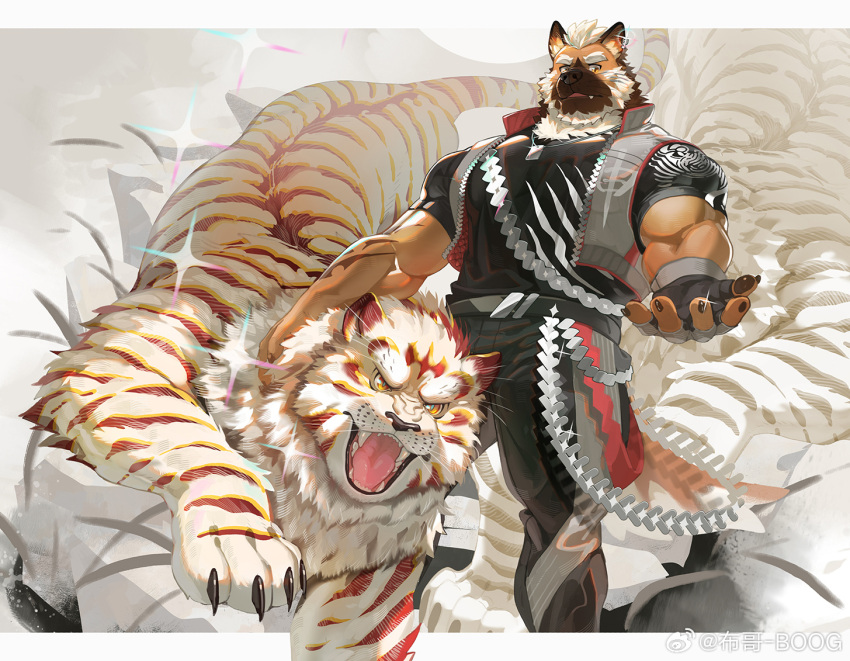 1boy animal animal_ears bara boogbogex brown_fur from_below furry furry_male glint gloves large_pectorals looking_at_viewer male_focus mature_male midair muscular muscular_male original oversized_animal pectorals sanpaku short_hair tail thick_eyebrows tiger tiger_boy tiger_ears tiger_stripes tiger_tail tongue whiskers white_fur