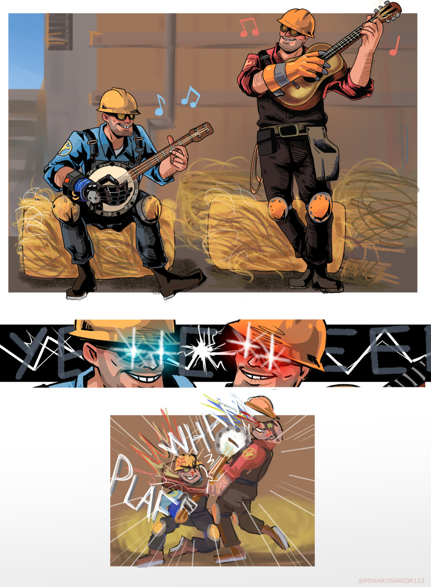 absurdres banjo blue_eyes engineer engineer_(tf2) guitar hay highres hitting holding holding_instrument instrument laser red_eyes team_fortress_2