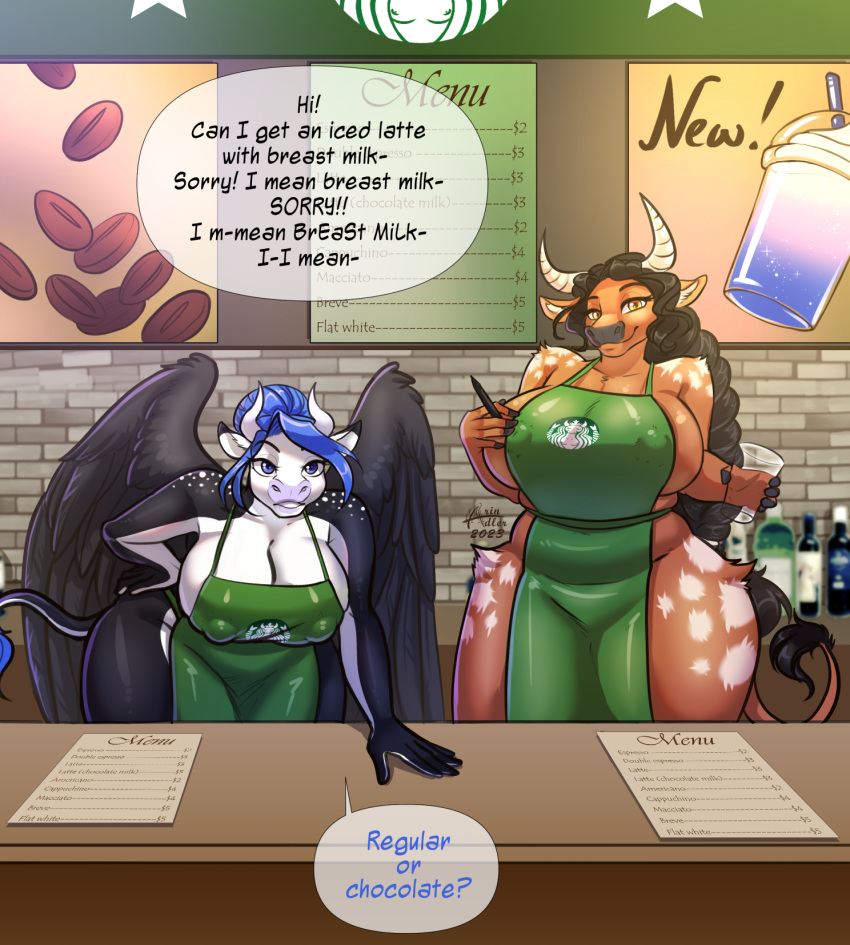 2023 5_fingers amber_eyes anthro apron apron_only arinadler big_breasts biped black_hair blue_eyes blue_hair bovid bovine breasts cattle clothing coco_(arinadler) container cup digital_media_(artwork) duo english_text feathered_wings feathers female fingers front_view fur green_apron hair hi_res holding_container holding_cup holding_object holding_pen horn huge_breasts i_mean_breast_milk inside leaning leaning_forward mammal meme menu menu_board nipple_outline pen signature smile speech_bubble text white_horn wings year