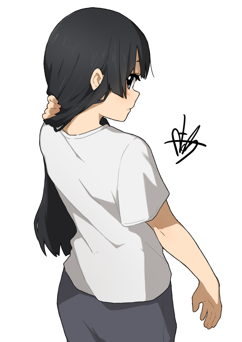 1girl akiyama_mio black_eyes black_hair commentary_request cowboy_shot from_behind green_pants highres k-on! kicchi_(tmgk) long_hair looking_at_viewer looking_back pants shirt short_sleeves sidelocks signature simple_background solo standing t-shirt white_background white_shirt