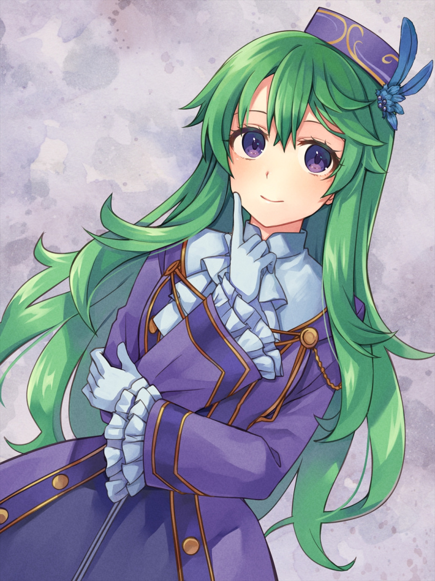 1girl chihiro_(chihiro3399) double-parted_bangs dress eiyuu_densetsu feather_hair_ornament feathers gloves green_hair hair_ornament hat highres long_hair looking_at_viewer musse_egret purple_eyes sen_no_kiseki sen_no_kiseki_iv solo white_gloves