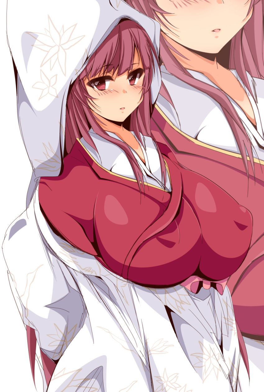 1girl breasts brown_eyes brown_hair commentary_request covered_nipples highres huge_breasts japanese_clothes kamikaze_(kancolle) kanbayashi_chiko kantai_collection looking_at_viewer open_mouth red_shirt shirt sidelocks simple_background skirt standing white_background white_skirt zoom_layer