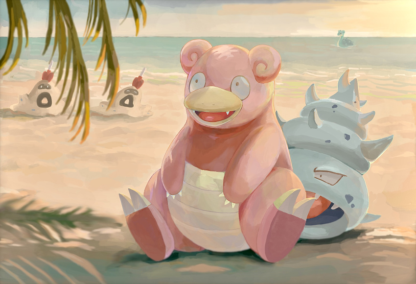 :d absurdres claws commentary_request day fangs highres lapras open_mouth outdoors pokemon pokemon_(creature) sand sandygast shadow shore sitting slowbro smile tongue water zai_(3333333333353pk)