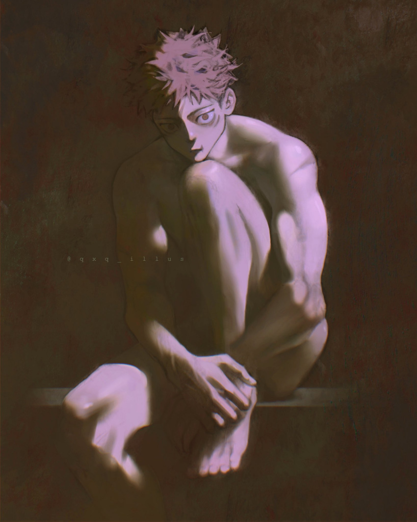barefoot black_background closed_mouth completely_nude dark foot_out_of_frame hand_on_own_foot hands_on_feet highres itadori_yuuji jujutsu_kaisen looking_at_viewer male_focus muscular muscular_male nude pink_hair qxq_illus shaded_face short_hair sitting toes twitter_username undercut yellow_eyes