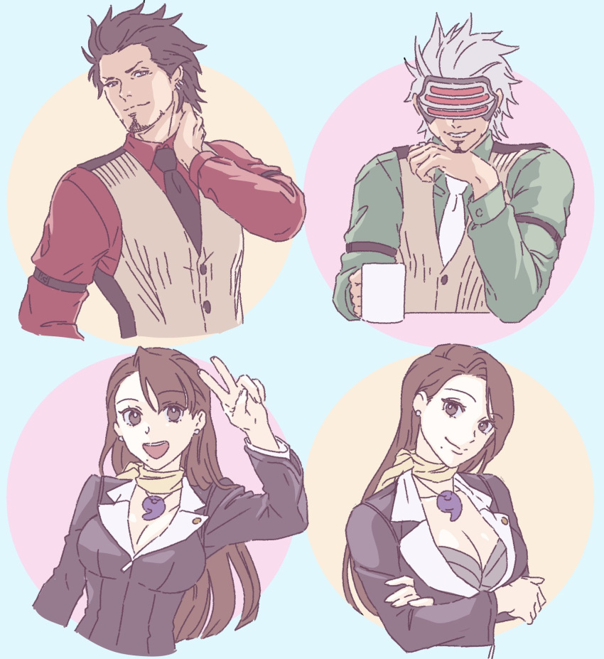 1boy 1girl ace_attorney asymmetrical_bangs black_jacket black_necktie breasts brown_eyes brown_hair brown_vest cleavage closed_mouth coffee_mug collared_shirt commentary_request cropped_torso crossed_arms cup diego_armando godot_(ace_attorney) green_shirt hand_on_own_chin hand_on_own_neck hand_up head-mounted_display highres holding holding_cup jacket jewelry large_breasts lcageki long_hair long_sleeves looking_at_viewer magatama magatama_necklace mask mature_female mature_male mia_fey mole mole_under_mouth mug multiple_views necklace necktie open_mouth phoenix_wright:_ace_attorney_-_trials_and_tribulations red_shirt scarf shirt short_hair smile teeth upper_body v vest white_hair white_necktie yellow_scarf