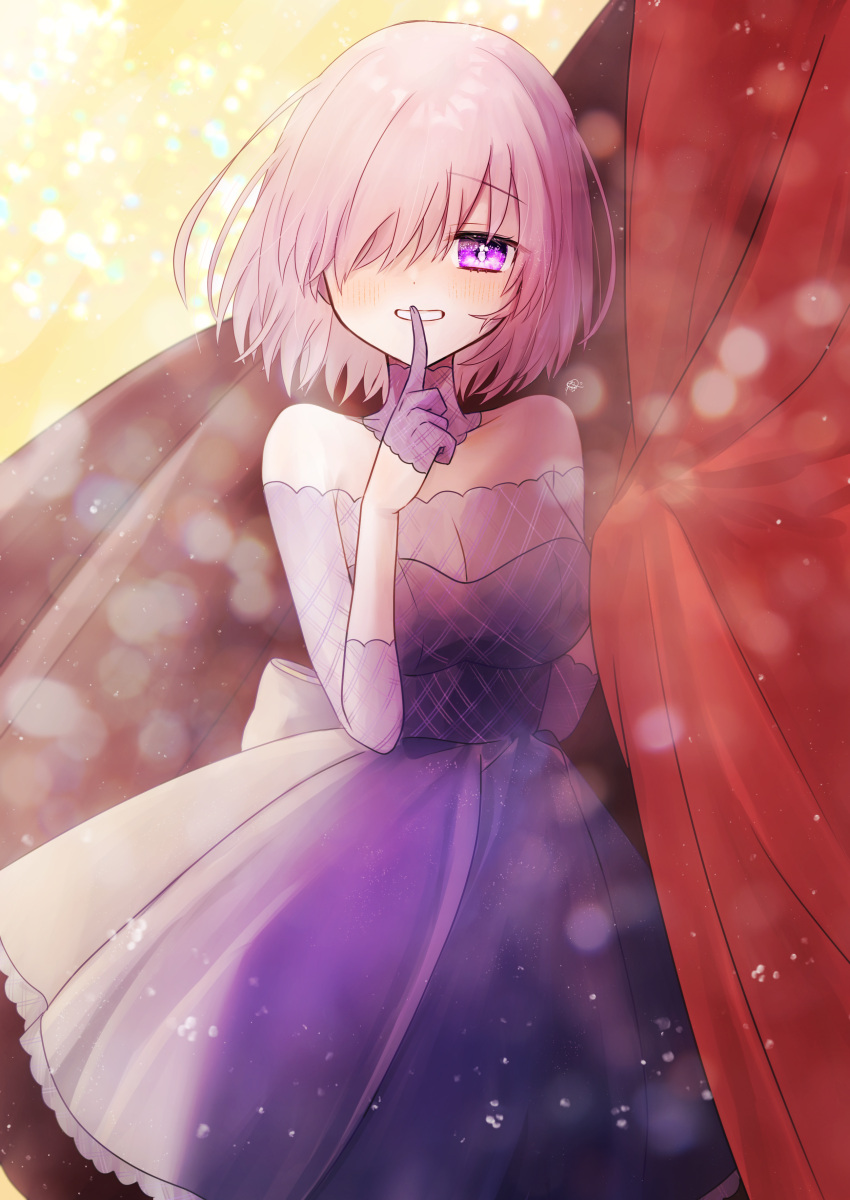 1girl absurdres bare_shoulders blush commentary_request curtains dress fate/grand_order fate_(series) finger_to_mouth gloves grin hair_over_one_eye half_gloves harukappa highres index_finger_raised mash_kyrielight mash_kyrielight_(chaldea_dinnertime) official_alternate_costume one_eye_covered pink_hair purple_dress purple_eyes purple_gloves red_curtains see-through shushing smile solo strapless strapless_dress