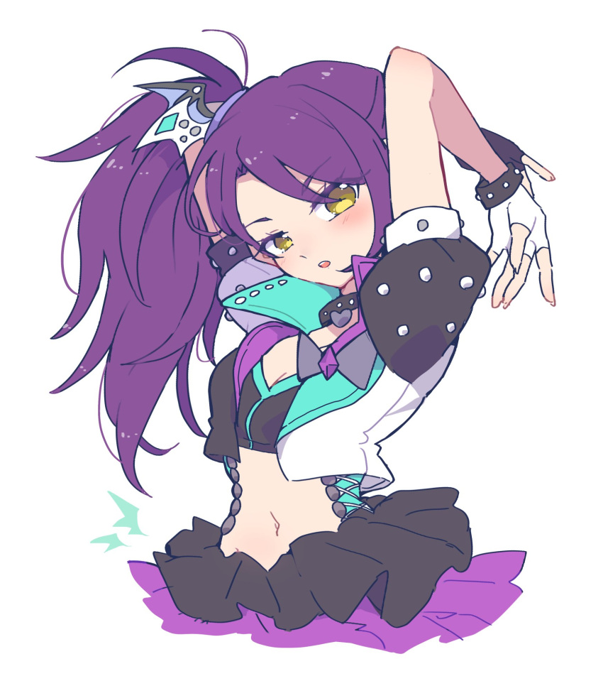 1girl arms_up black_bra black_skirt blush bow bra breasts cleavage commentary cropped_jacket cropped_legs fingerless_gloves gloves highres idol_clothes jacket long_hair looking_at_viewer navel nojima_minami open_clothes open_jacket open_mouth pretty_(series) pripara puffy_short_sleeves puffy_sleeves purple_bow purple_hair short_sleeves side_ponytail simple_background skirt small_breasts solo symbol-only_commentary toudou_shion underwear white_background wing_hair_ornament yellow_eyes