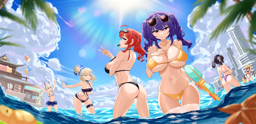 6+girls absurdres ahoge alternate_costume architecture ass aviator_sunglasses ayanami_(azur_lane) azur_lane ball balloon beachball bikini black_bikini blonde_hair blue_sky breasts building cleavage cloud collarbone day east_asian_architecture eyewear_on_head goggles goggles_on_head hand_on_own_chest headgear highleg highleg_bikini highres holding holding_water_gun jfzm001 large_breasts long_hair looking_at_viewer manjuu_(azur_lane) medium_breasts medium_hair multi-strapped_bikini_bottom multiple_girls navel ning_hai_(azur_lane) ning_hai_(summer_hunger)_(azur_lane) ocean official_alternate_costume open_mouth outdoors palm_tree ping_hai_(azur_lane) ping_hai_(summer_vacation)_(azur_lane) pola_(azur_lane) pola_(seaside_coincidence)_(azur_lane) ponytail purple_bikini purple_hair red_bikini red_eyes red_hair side_ponytail sky smile standing sun sunglasses swimsuit thigh_gap thong_bikini tree twintails wading water water_gun whistle yellow_bikini yellow_eyes z23_(azur_lane) z23_(breezy_doubles)_(azur_lane) zara_(azur_lane) zara_(poolside_coincidence)_(azur_lane)