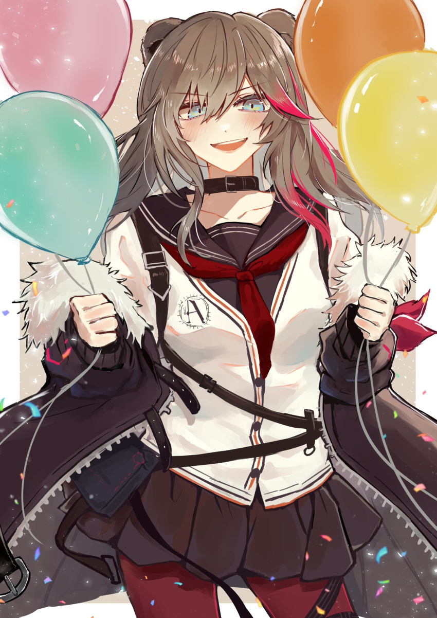 1girl animal_ears arknights balloon bear_ears black_collar blue_eyes brown_hair cardigan coat collar confetti fur-trimmed_coat fur_trim highres holding holding_balloon jiru_(6pp_ab) long_hair pantyhose pleated_skirt red_pantyhose skirt white_cardigan zima_(arknights)