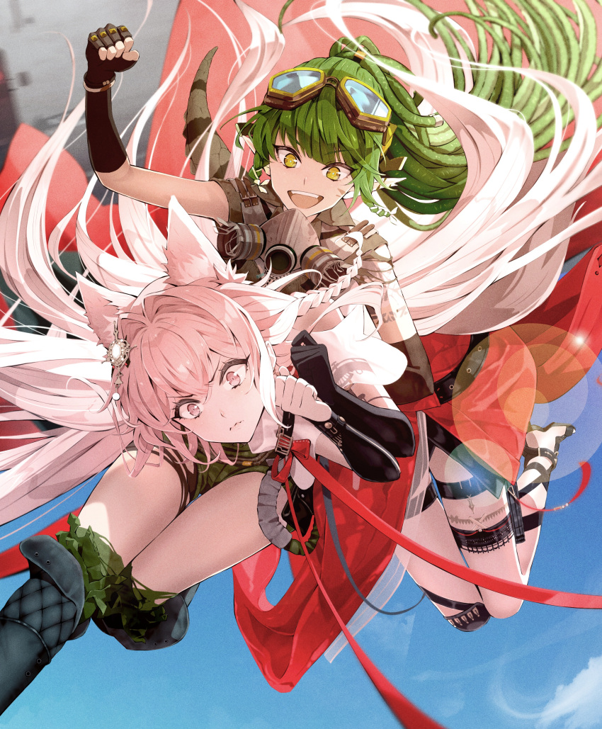 2girls absurdres animal_ears arknights arm_up bangs black_gloves braid commentary_request crocodilian_tail dreadlocks fingerless_gloves gas_mask gavial_(arknights) gavial_the_invincible_(arknights) gloves goggles goggles_on_head green_hair hair_ornament highres hoshizaki_reita long_hair mask multiple_girls official_art open_mouth pink_eyes pink_hair pointy_ears pozyomka_(arknights) tail wolf_ears yellow_eyes