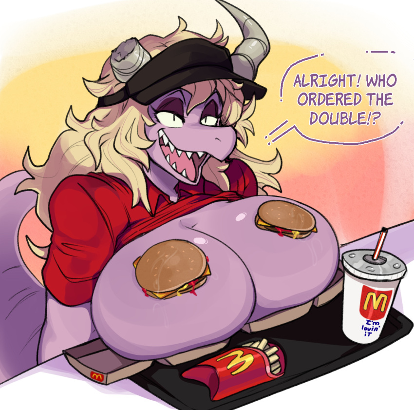2023 anthro beverage big_breasts black_clothing black_hat black_headwear blonde_hair breasts broken_horn burger cass_(simplifypm) clothed clothing container cup dialogue dragon english_text female food fries hair hat headgear headwear horn huge_breasts long_hair mcdonald's meme open_mouth pb_doodles raised_clothing raised_shirt raised_topwear red_clothing red_shirt red_topwear sharp_teeth shirt solo speech_bubble tail teeth text topwear uniform your_order_is_ready_(meme)