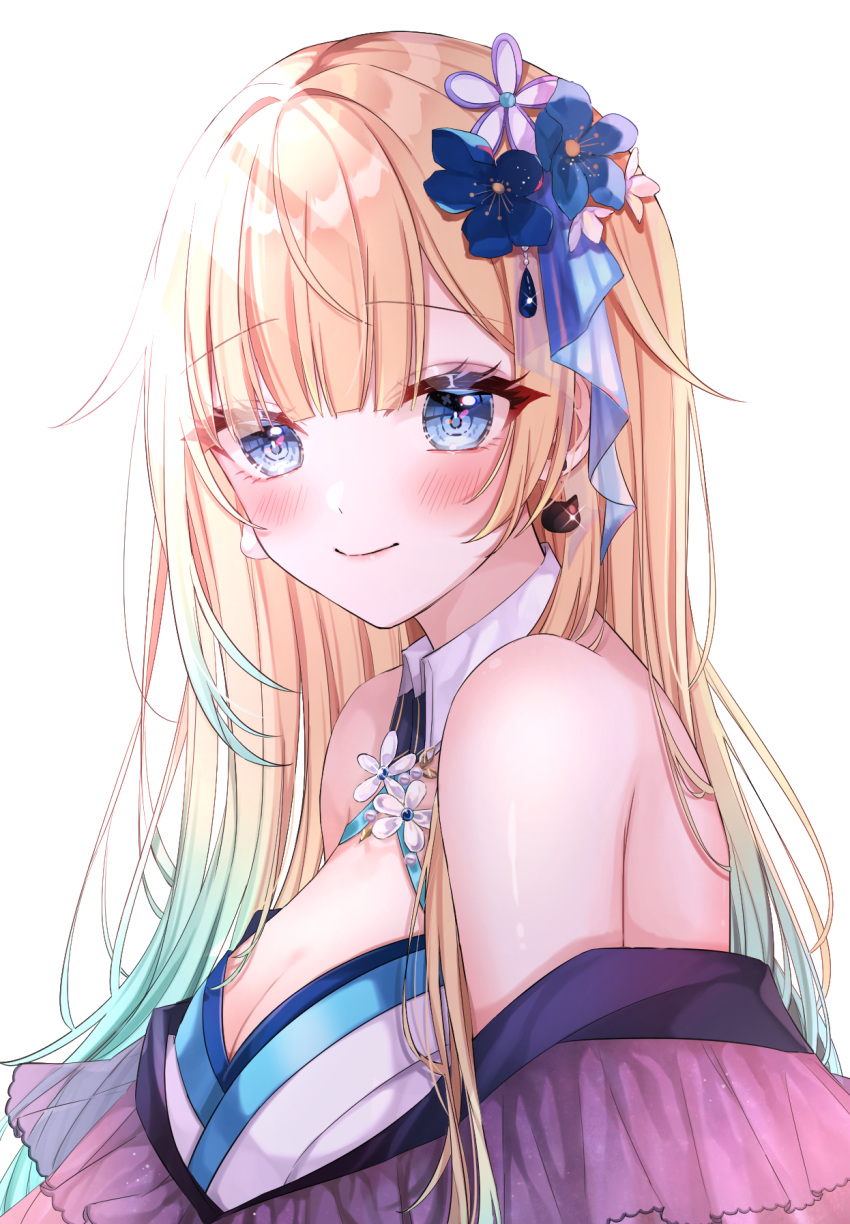 1girl aizawa_ema bare_shoulders blonde_hair blue_eyes blue_flower blunt_bangs blush breasts cat_earrings cleavage detached_collar flower glint gradient_hair green_hair hair_flaps hair_flower hair_ornament highres japanese_clothes kimono large_breasts long_hair looking_at_viewer multicolored_hair off_shoulder shain simple_background smile solo upper_body virtual_youtuber vspo! white_background white_flower white_kimono