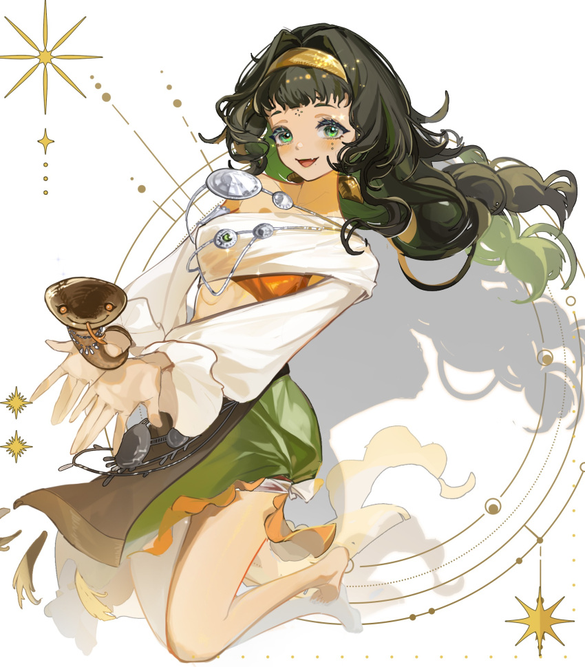 1girl :d aged_up animal_on_hand bare_legs barefoot black_hair blunt_bangs bow braid breasts circle cobra_(animal) cropped_shirt curly_hair ebai facial_mark fang floating_hair forehead_mark full_body green_eyes green_skirt hair_bow hair_intakes hairband highres jumping kanjira legs_up long_hair long_sleeves looking_at_viewer low_twin_braids medium_breasts miniskirt outstretched_arms puffy_long_sleeves puffy_sleeves reverse:1999 shirt single_bare_shoulder single_off_shoulder skin_fang skirt smile snake solo sparkle stomach twin_braids white_background white_shirt yellow_bow yellow_hairband