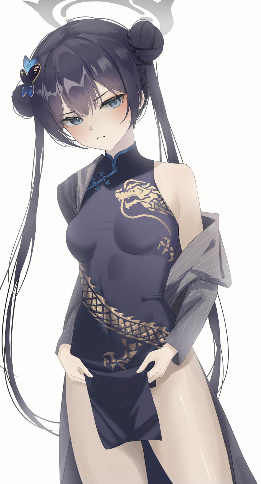 1girl absurdres black_dress black_hair blue_archive blue_eyes blush braid braided_bun breasts butterfly_hair_ornament china_dress chinese_clothes closed_mouth clothes_lift commentary covered_navel double_bun dragon_print dress frown grey_jacket hair_bun hair_ornament halo highres jacket jasmin kisaki_(blue_archive) lifted_by_self long_hair narrowed_eyes off_shoulder pelvic_curtain pelvic_curtain_lift pinstripe_jacket pinstripe_pattern sidelocks simple_background small_breasts solo standing striped twintails very_long_hair wavy_mouth white_background