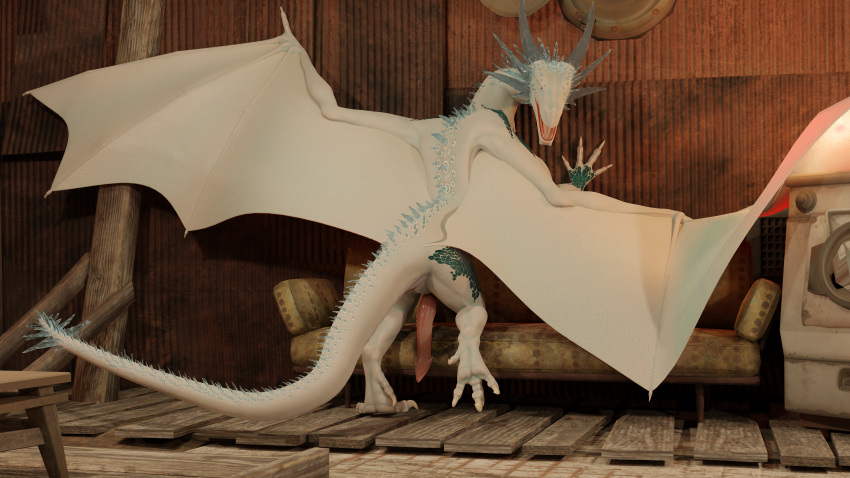 absurd_res bethesda_softworks cabin dragon erection fallout feet feral furniture genitals hi_res ice legnax male pawpads paws penis pose raised_leg relaxed_expression relaxing scales scalie sofa solo spread_toes spread_wings toes white_body wings