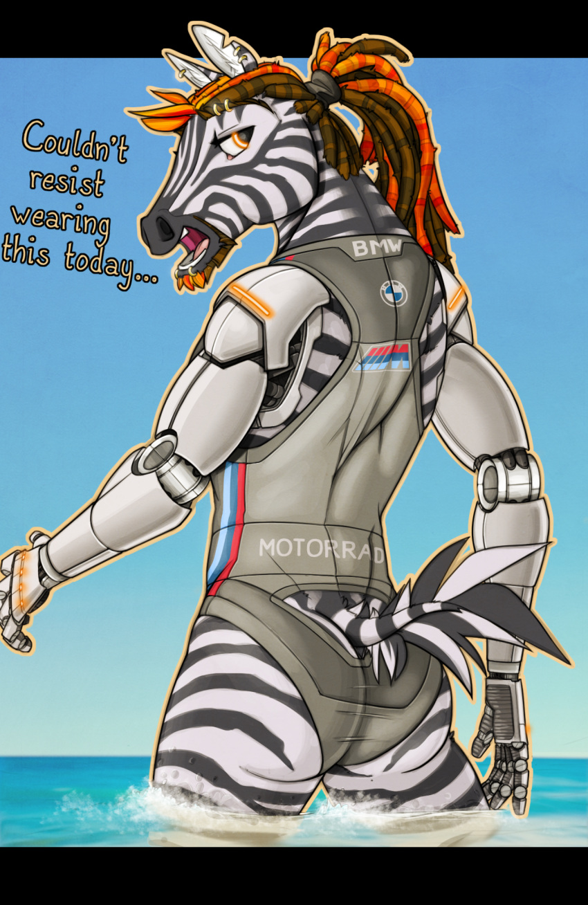 andromorph anthro clothing cybernetic_arm cybernetic_limb dreadlocks equid equine hi_res intersex mammal rj_(rj_zenith) solo swimwear zebra