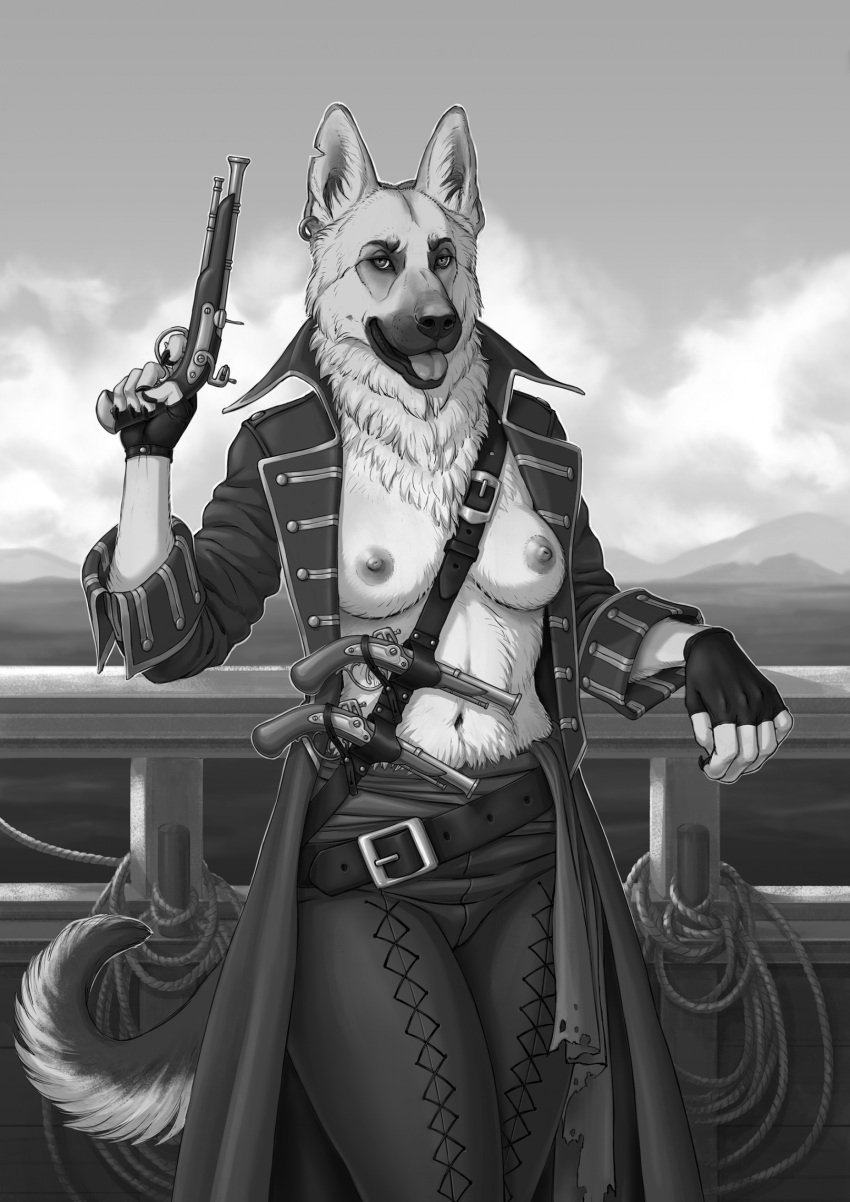 2023 5_fingers anisis anthro belt bottomwear breasts canid canine canis claws clothed clothing coat domestic_dog exposed_breasts female finger_claws fingerless_gloves fingers flintlock fur german_shepherd gloves greyscale gun handgun handwear herding_dog hi_res humanoid_hands mammal monochrome navel nipples pants pastoral_dog pirate pistol ranged_weapon smile solo topwear weapon