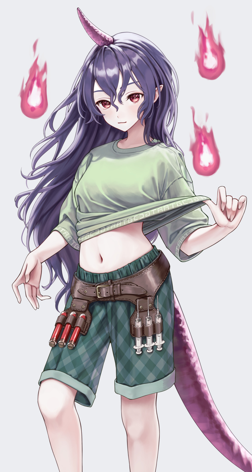 1girl absurdres closed_mouth feet_out_of_frame green_shirt green_shorts hair_between_eyes highres horns long_hair navel purple_hair purple_horns purple_tail red_eyes shirt short_sleeves shorts single_horn solo syringe tenkajin_chiyari test_tube torinari_(dtvisu) touhou