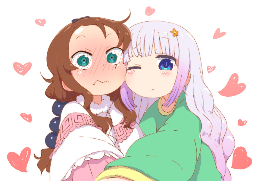 :&lt; =_= alternate_hairstyle beads blunt_bangs blush brown_hair cape cheek-to-cheek commentary_request cosplay costume_switch flower forehead full-face_blush fur_collar green_shirt hair_beads hair_flower hair_ornament hairstyle_switch heads_together heart heart_background highres kanna_kamui kobayashi-san_chi_no_maidragon light_purple_hair long_sleeves looking_at_viewer low_twintails one_eye_closed pink_cape saikawa_riko samansa_ex shirt twintails wavy_mouth white_background