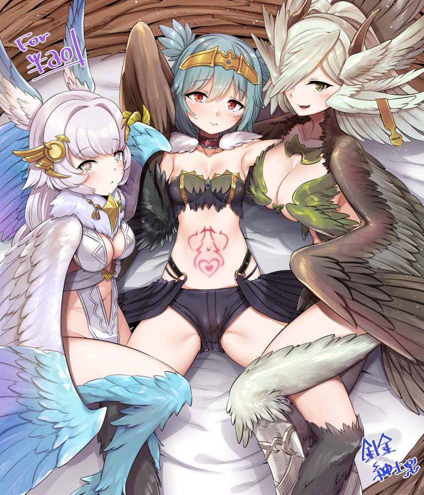 3girls ancient_world_harpy_(granblue_fantasy) bird_legs bird_nest black_feathers black_wings blue_feathers blue_hair blush breasts brown_eyes center_opening claws commission elil_(granblue_fantasy) fang feathers granblue_fantasy green_eyes green_feathers harigane_shinshi harpy head_wings heart heart_tattoo highres horns indie_virtual_youtuber large_breasts lincoro long_hair looking_at_viewer medium_breasts midriff monster_girl multiple_girls navel open_mouth red_eyes short_hair short_shorts short_twintails shorts skeb_commission small_breasts spread_legs stomach_tattoo tattoo tiara twintails virtual_youtuber white_hair white_wings winged_arms wings