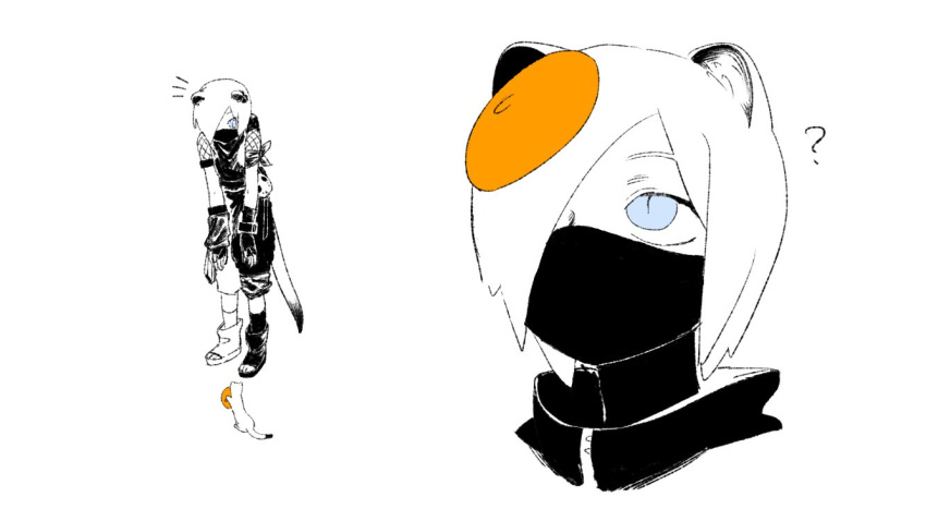 1girl ? animal_ears arknights arm_warmers asymmetrical_footwear asymmetrical_legwear bandana_around_arm beret blue_eyes boots commentary_request covered_mouth ermine fingerless_gloves fishnet_sleeves gloves greyscale hair_over_one_eye hat looking_up mask monochrome mouth_mask multiple_views ninja ninja_mask notice_lines orange_headwear pants shirayuki_(arknights) short_hair short_sleeves simple_background single_arm_warmer slit_pupils spot_color tail tilted_headwear toeless_footwear tunamayo_aku weasel weasel_ears weasel_girl weasel_tail