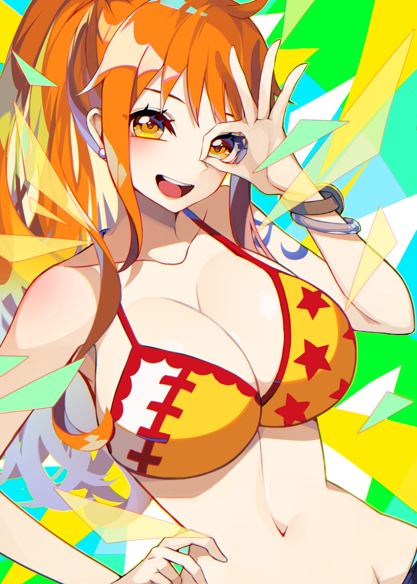 1girl absurdres alternate_hairstyle bare_shoulders bikini bikini_top_only bracelet breasts cleavage collarbone commentary crazy_otama earrings hair_behind_ear hand_on_own_hip hand_up high_ponytail highres jewelry large_breasts light_blush long_hair looking_at_viewer looking_through_fingers midriff nami_(one_piece) navel one_piece open_mouth orange_eyes orange_hair pearl_earrings shoulder_tattoo sidelocks smile solo swimsuit tattoo teeth upper_body upper_teeth_only
